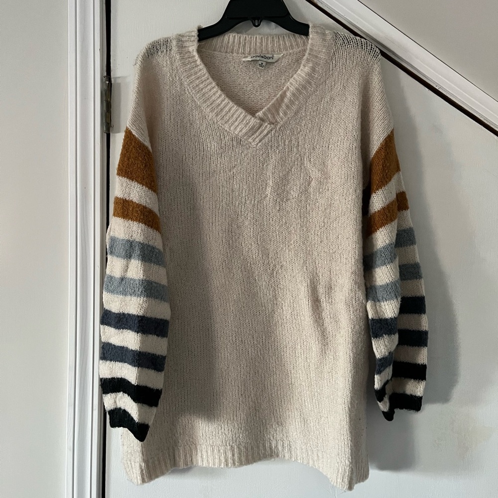 Striped-Sleeve Sweater